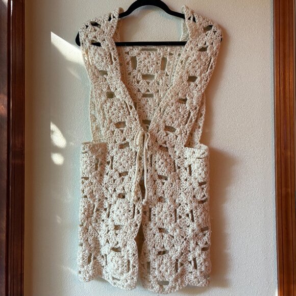 VTG 70s Handmade Crochet Vest Crochet Sweater Vest Granny Square Size L Cream - Picture 6 of 7